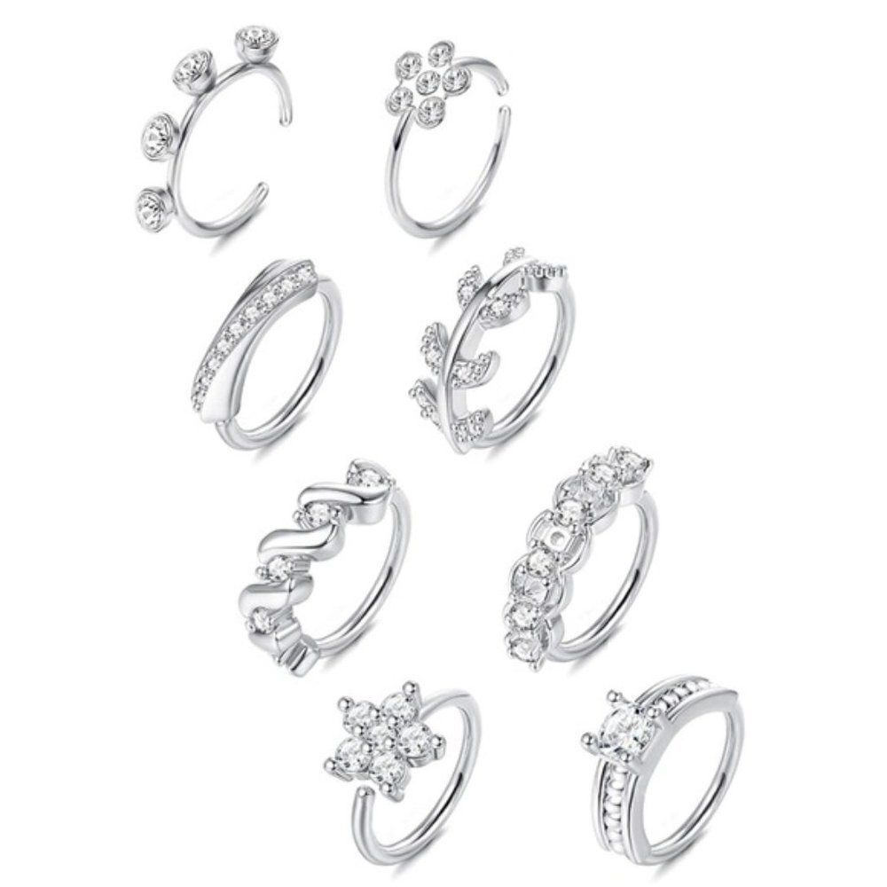 20G 316L Stainless Steel Silver and Diamond Cubic Zirconia Nose Rings - Set of 8